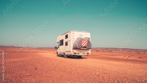 Family adventure travel, holiday road trip in motorhome, caravan car- Wilderness landscape, desert © M.studio