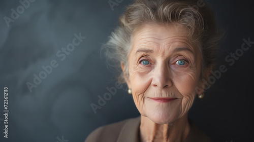 An elegant older lady exudes timeless grace, wearing a classic French twist hairstyle. Soft focus adds a touch of ethereal beauty.