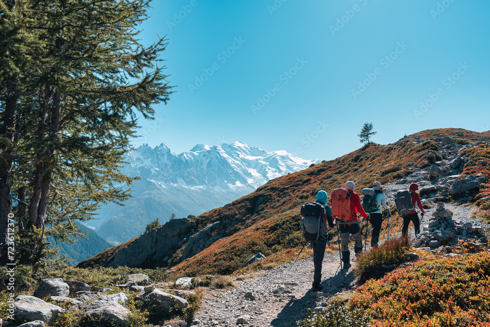 Φωτογραφία Group of hiker hiking on summit trail amidst the French alps on sunny day at Fra