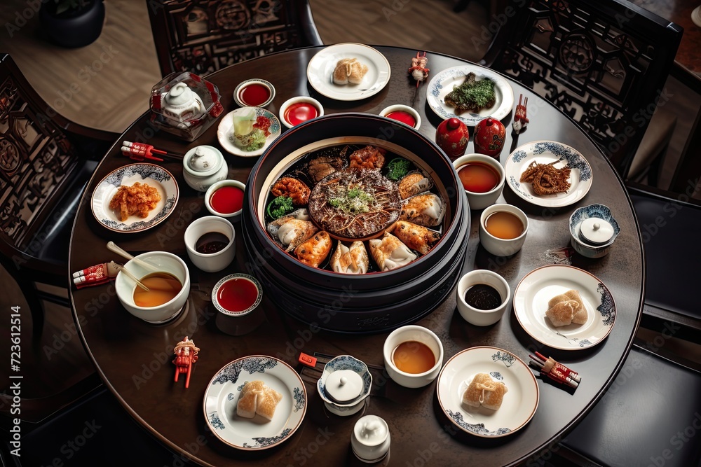 Asian Food Feast on a Round Table Asian Food Feast on a Round Table