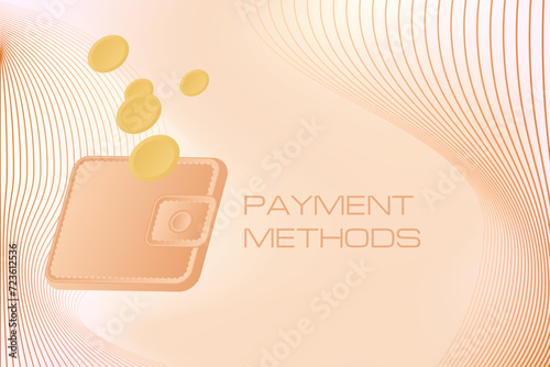 Nude colored illustration showing wallet with floating coins, light beige gradient background. Digital payment methods, payment technology. Wireless transactions.