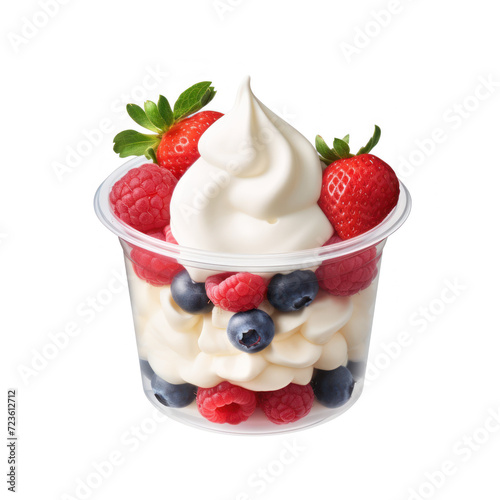 Whipped cream dessert with berries in plastic cup Flying dove  on transparency background PNG