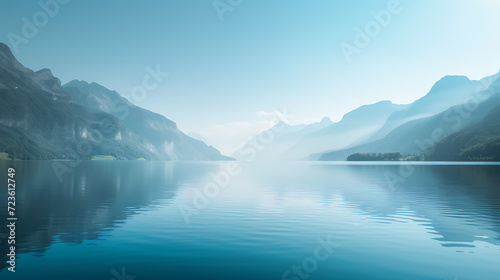A serene landscape of a light blue sky reflecting on a tranquil lake surrounded by symmetrical soft mountains, evoking a sense of tranquility and peace.