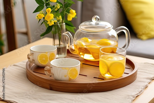 Lemon tea set with yellow mugs on a wooden tray