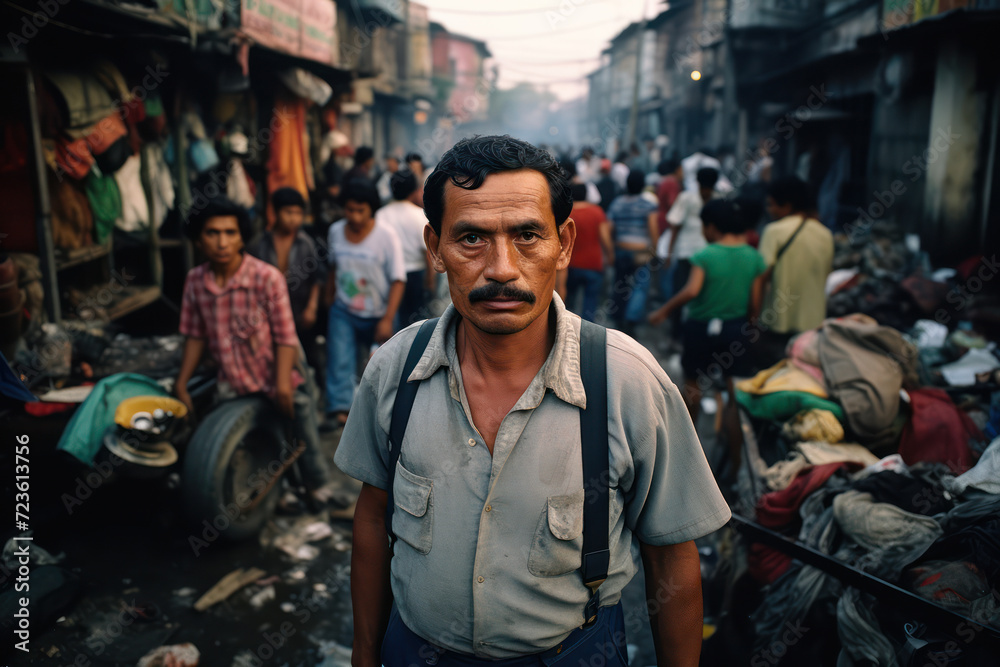 Mexican man, about 45 years old, standing amidst the crowded and chaotic streets of a Mexico City shantytown Mexican man, about 45 years old, standing amidst the crowded and chaotic streets of a Mexico City shantytown