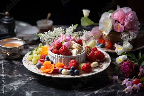 Aesthetically pleasing food display with fruits, berries, and nuts