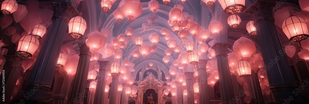 Obraz premium A Whimsical Pink Cathedral with Suspended Pink Bubbles