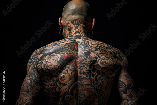 A Yakuza member adorned with traditional irezumi tattoos, capturing the underworld aspect of ancient Japanese culture