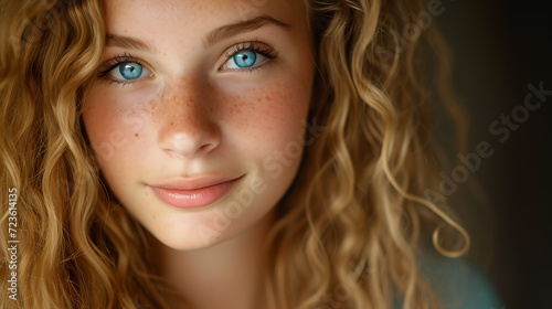 A captivating portrait of a young teenager with luscious, golden curls cascading around her glowing face, framed by a pair of mesmerizing azure eyes, radiating youthful charm and innocence.