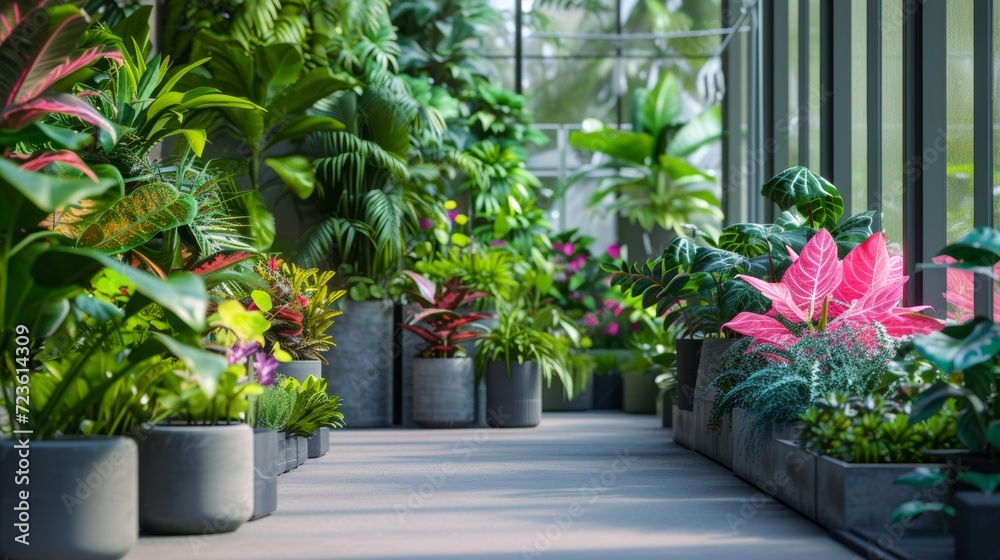 Plants in a green home, mixing rare colors, eco-care. Plants in eco-greenhouses show off colors and save water.
