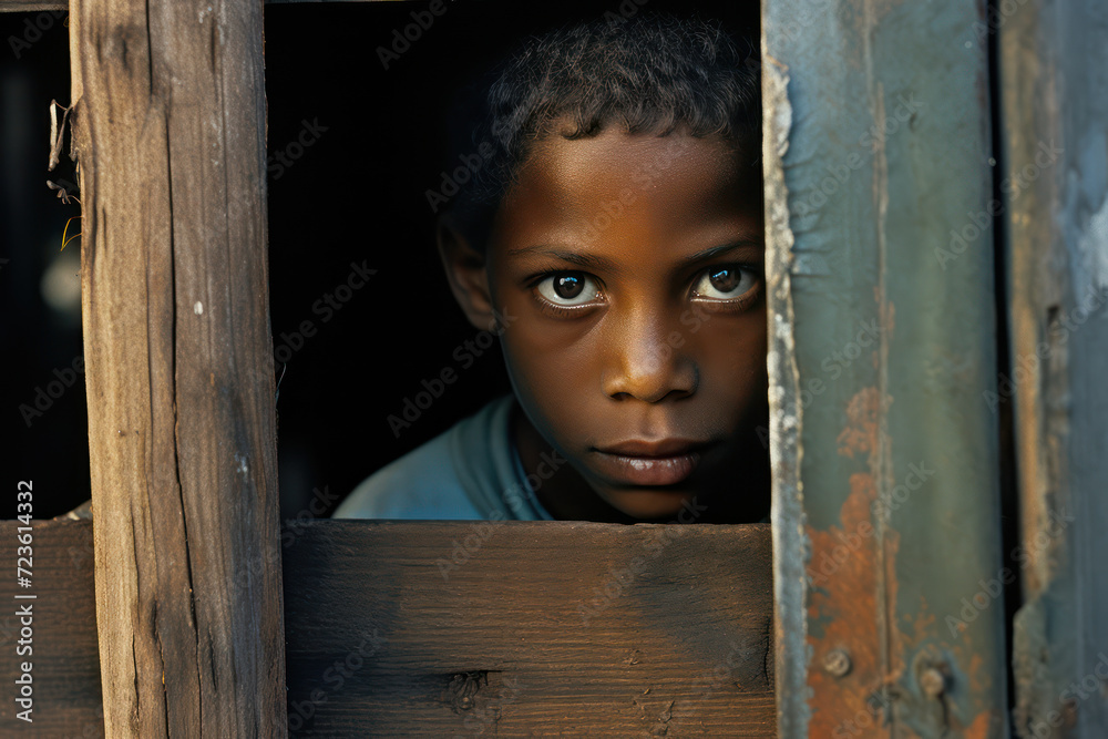 Naklejka premium South African boy, aged 12, looking out from the doorway of his corrugated iron shack in a Johannesburg township