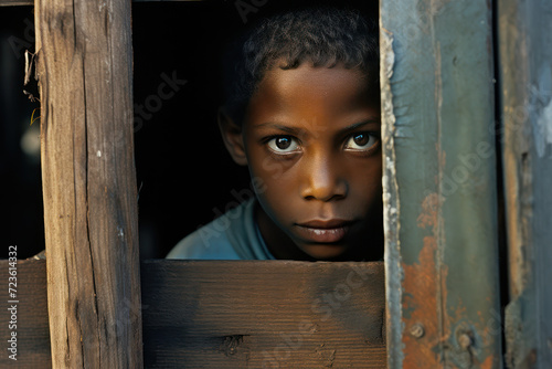 South African boy, aged 12, looking out from the doorway of his corrugated iron shack in a Johannesburg township