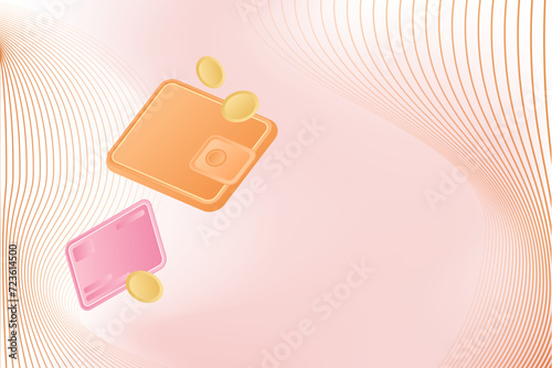 Digital payment methods, payment technology. Wireless transactions. Nude colored illustration showing floating wallet, credit card, coins, light beige gradient background