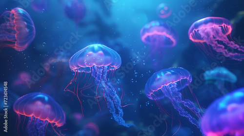 An enchanting 3D abstract underwater scene featuring mesmerizing, bioluminescent jellyfish casting an ethereal glow. Perfect for adding a touch of magic to your desktop wallpaper. © Nijat