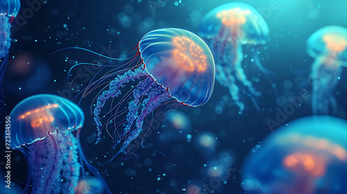 An enchanting 3D abstract underwater scene featuring mesmerizing, bioluminescent jellyfish casting an ethereal glow. Perfect for adding a touch of magic to your desktop wallpaper.