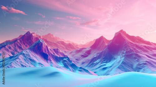 A mesmerizing virtual landscape featuring awe-inspiring digital mountains and a captivating holographic sky in a stunning 3D render style. Immerse yourself in this futuristic scene where tec photo