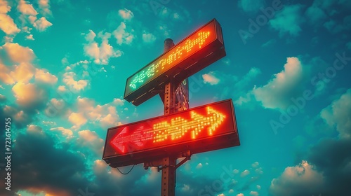 High-tech digital signpost at a crossroad against a cloudy sky photo