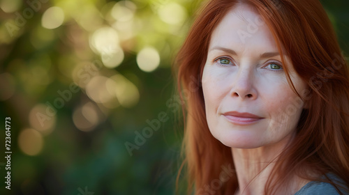 A stunning woman in her forties with long, straight auburn locks and captivating soft green eyes. Her timeless beauty shines through, exuding confidence and grace.