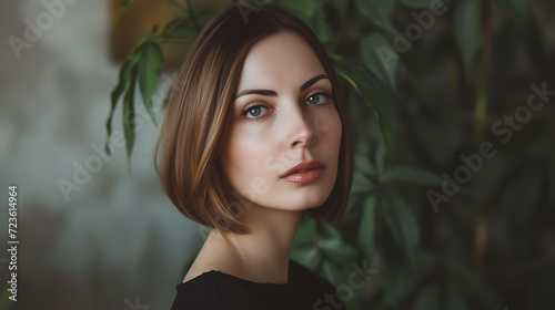 A captivating portrait of a woman in her thirties, exuding confidence with her sleek bob haircut and piercing grey eyes. Her gaze, both intense and mysterious, draws you in, leaving a lastin