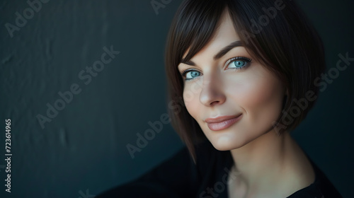A captivating portrait of a woman in her thirties, exuding confidence with her sleek bob haircut and piercing grey eyes. Her gaze, both intense and mysterious, draws you in, leaving a lastin