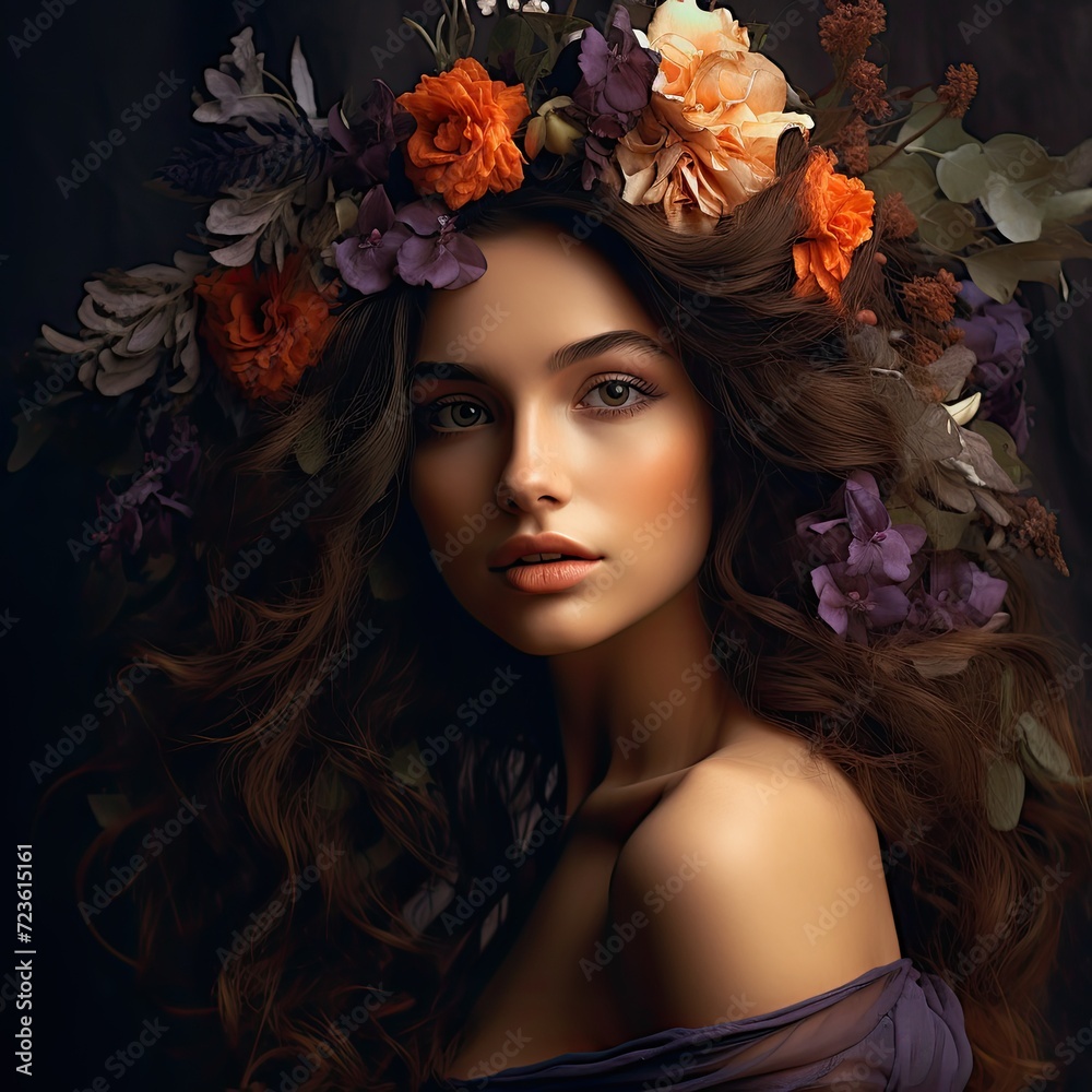 Enchanting Portrait of a Woman with a Crown of Flowers Enchanting Portrait of a Woman with a Crown of Flowers