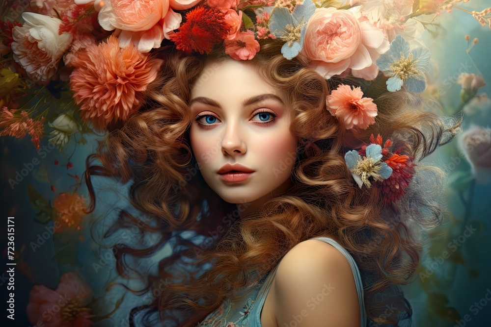 The Enchanting Beauty of a Curly-Haired Woman with a Flower Crown The Enchanting Beauty of a Curly-Haired Woman with a Flower Crown