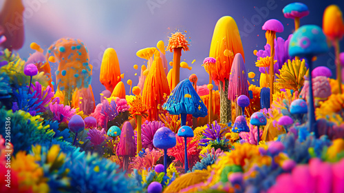 3d illustration of fantasy alien planet with colorful flowers and mushrooms.