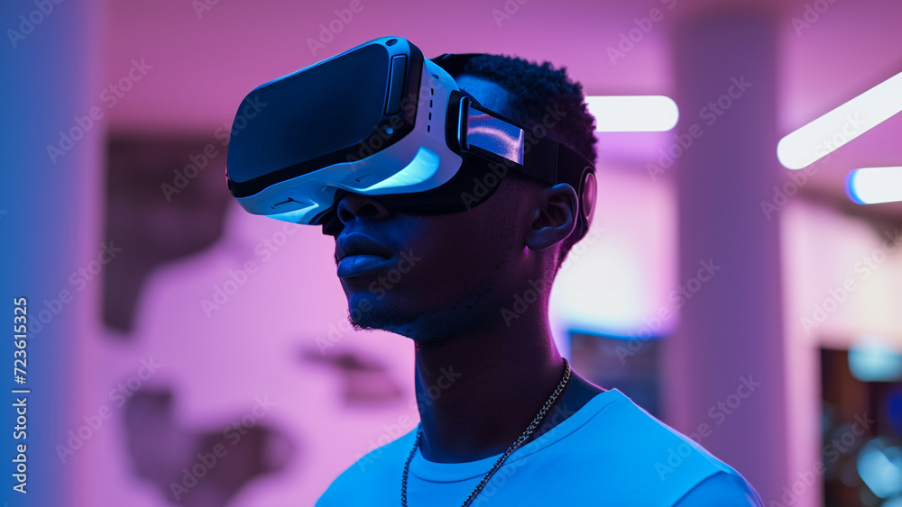 VR headset. Man wearing virtual reality goggles. Video game in futuristic world. VR headset. Man wearing virtual reality goggles. Video game in futuristic world.