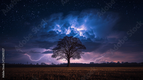 Bolt and lightning storm a tree in field.
