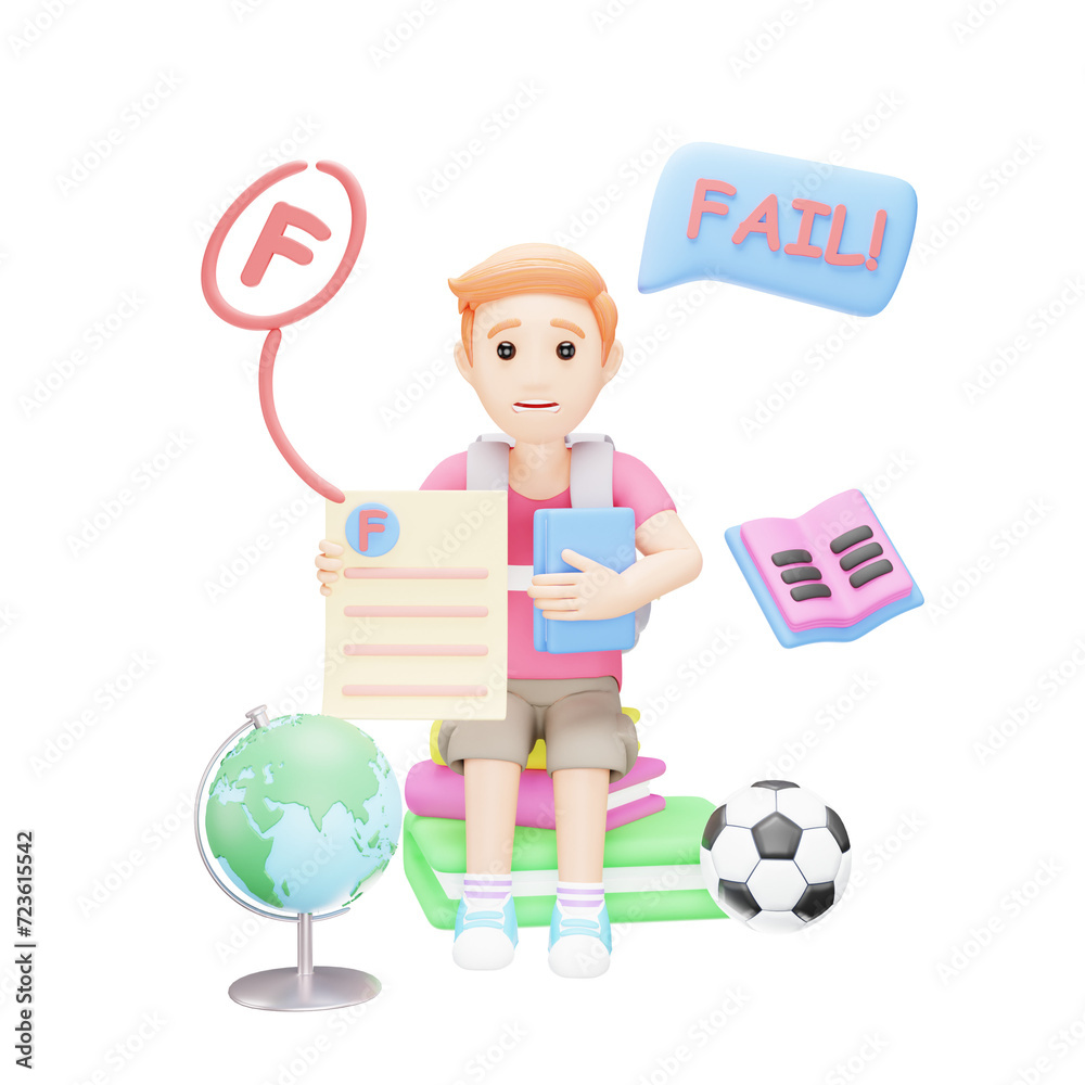 Sad 3D Cartoon Boy Showing Depressing Exam Results - Educational Illustration Sad 3D Cartoon Boy Showing Depressing Exam Results - Educational Illustration