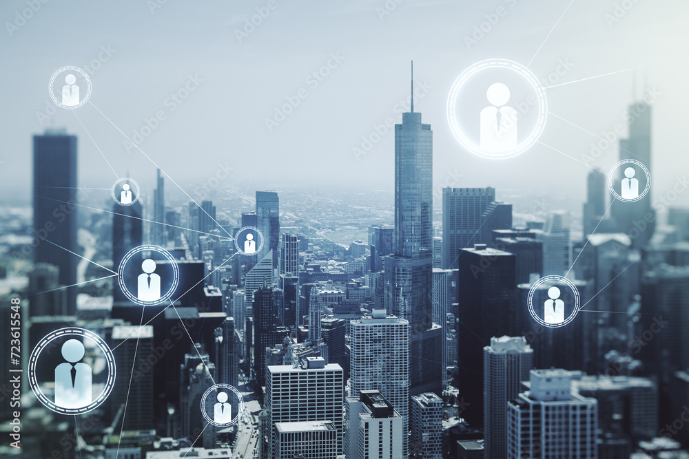 Fototapeta premium Abstract virtual social network concept on Chicago skyline background. Multiexposure