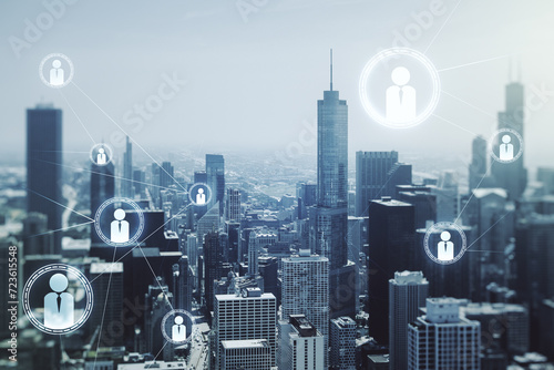 Abstract virtual social network concept on Chicago skyline background. Multiexposure