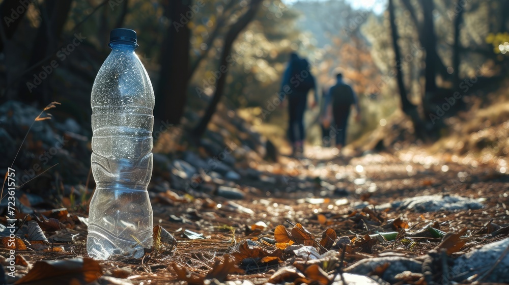 Obraz premium Discarded plastic waste polluting the forest environment.