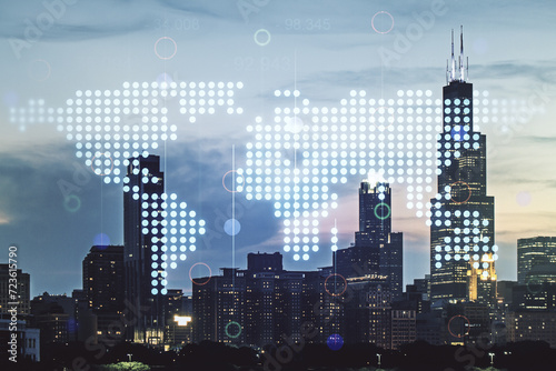 Abstract creative world map interface on Chicago skyline background  international trading concept. Multiexposure