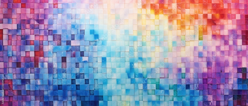 An intriguing blend of white and rainbow colors in a vibrant abstract grunge glass square mosaic tile, Ai Generated.