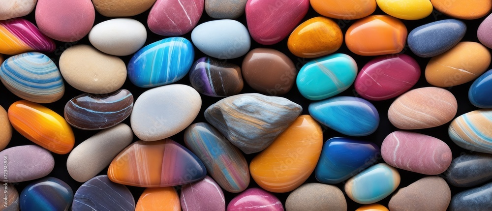 Colorful rocks and pebbles, featuring a spectrum of multicolored and striped variations, Ai Generated Colorful rocks and pebbles, featuring a spectrum of multicolored and striped variations, Ai Generated