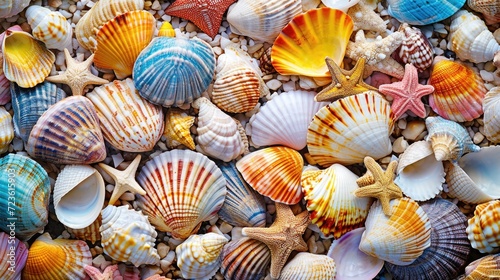 Various colorful seashells create a captivating background, Ai Generated.