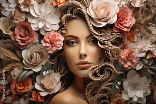 Beautiful Woman with Long Flowing Hair Adorned with Flowers