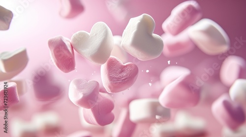Sweet white and pink heart marshmallows falling gracefully, a delightful confectionery scene, Ai Generated. photo