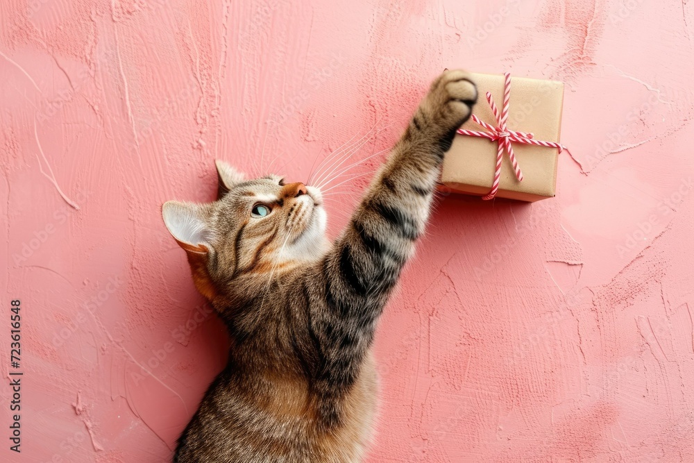 A brown cat with a gift box on a pink background. - obrazy, fototapety, plakaty 