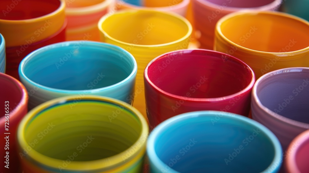 Explore the vibrant charm of a close-up view featuring colorful cups stacked on top of each other in a playful arrangement, Ai Generated. Explore the vibrant charm of a close-up view featuring colorful cups stacked on top of each other in a playful arrangement, Ai Generated.