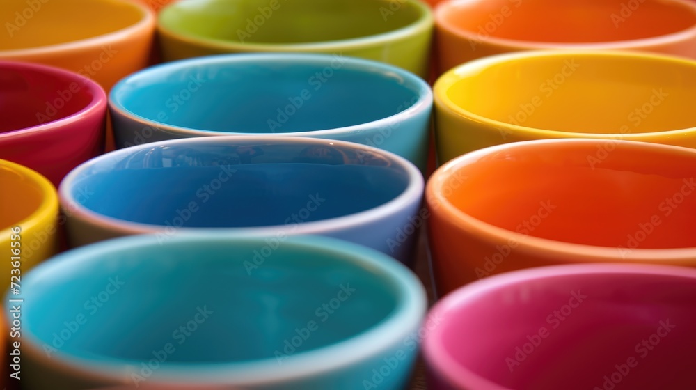 Explore the vibrant charm of a close-up view featuring colorful cups stacked on top of each other in a playful arrangement, Ai Generated. Explore the vibrant charm of a close-up view featuring colorful cups stacked on top of each other in a playful arrangement, Ai Generated.