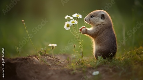 A small wild animal with blooming daisies in nature. © BetterPhoto