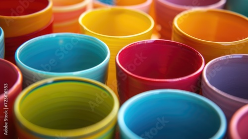 Explore the vibrant charm of a close-up view featuring colorful cups stacked on top of each other in a playful arrangement, Ai Generated.