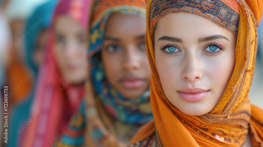 Young Woman With Striking Blue Eyes Wearing a Vibrant Orange Hijab