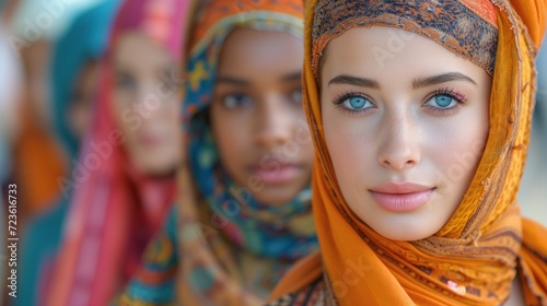 Young Woman With Striking Blue Eyes Wearing a Vibrant Orange Hijab