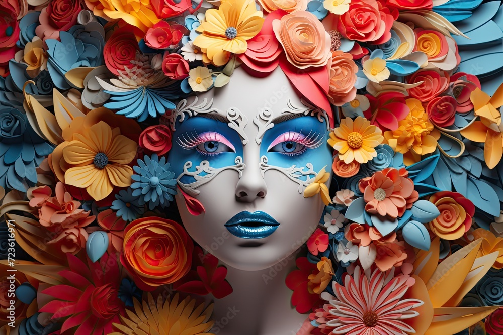 Beautiful woman with a colorful and vibrant flower headpiece
