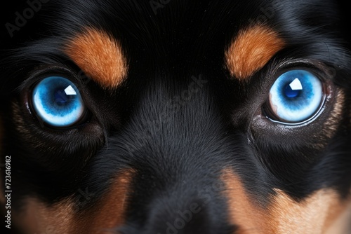The blue eyes of a black dog. Close-up. The dog's gaze
