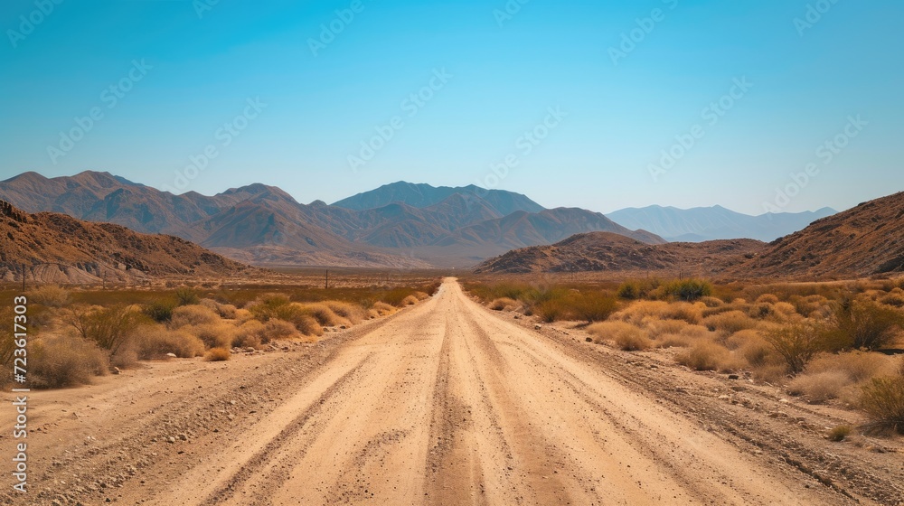 Venture down a remote dirt road, cutting through the barren vastness of the desert landscape. Ai Generated.