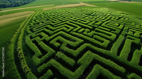 Navigate a captivating maze nestled within the heart of a lush green field, an adventure in nature. Ai Generated.